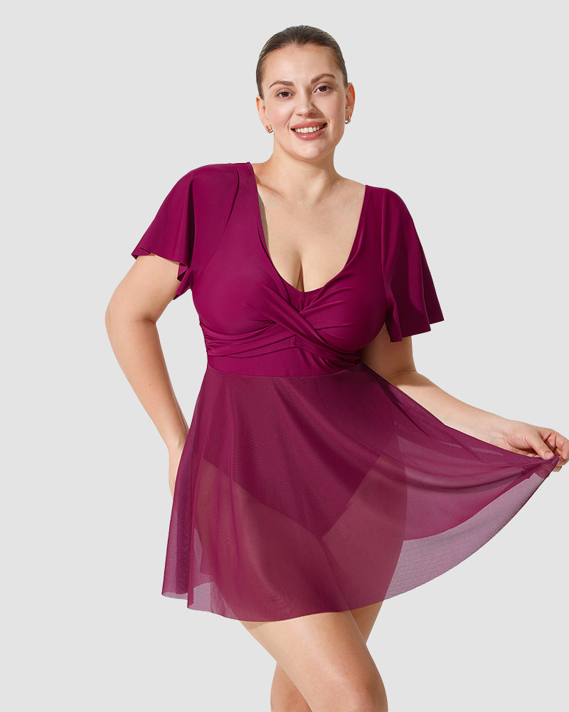 Chic Plus Size Full Coverage Ruffle Swimdress with Built-in Shorts for Women