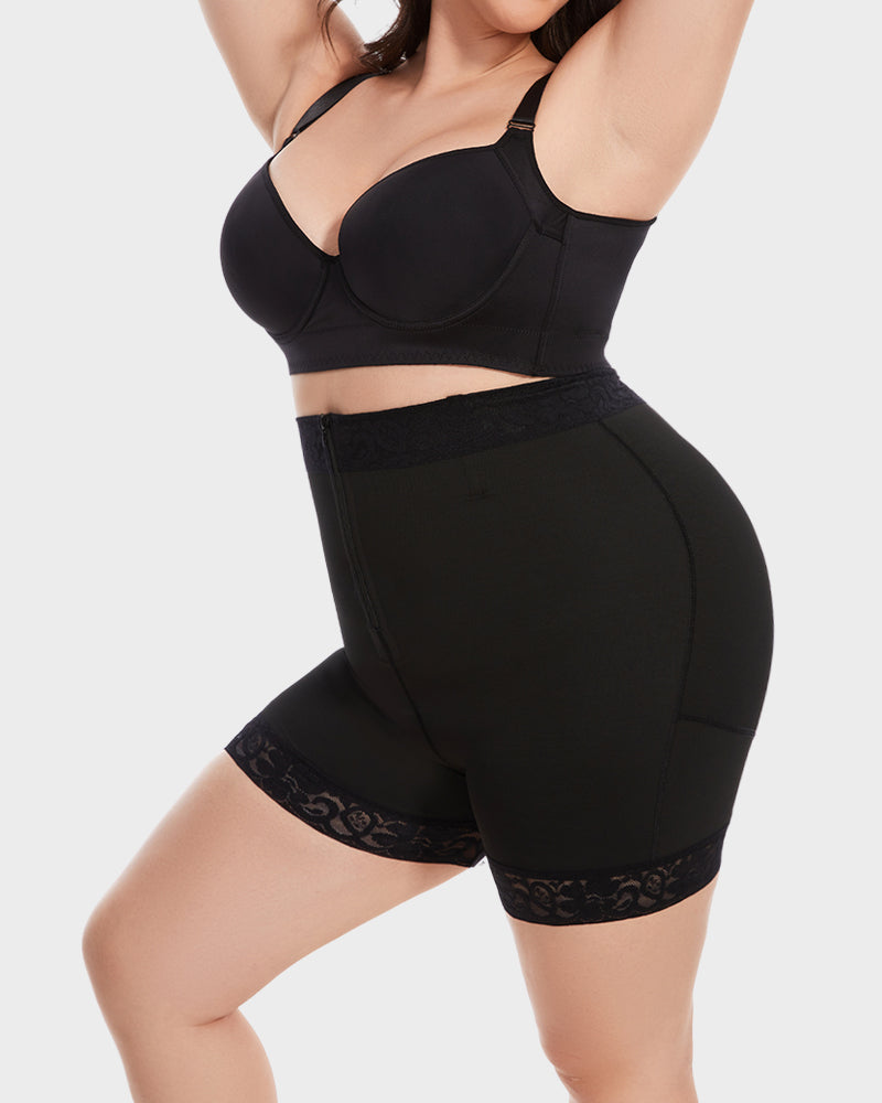 Boned High Waist Tummy Control Shaping Shorts with Zipper & Hooks