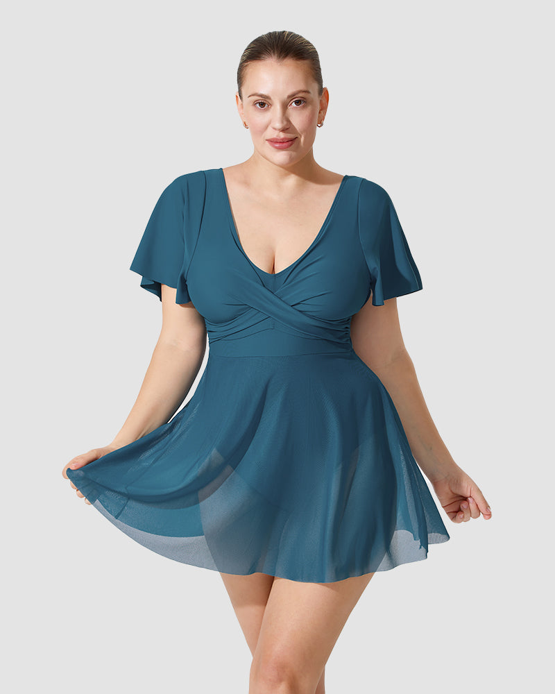Chic Plus Size Full Coverage Ruffle Swimdress with Built-in Shorts for Women