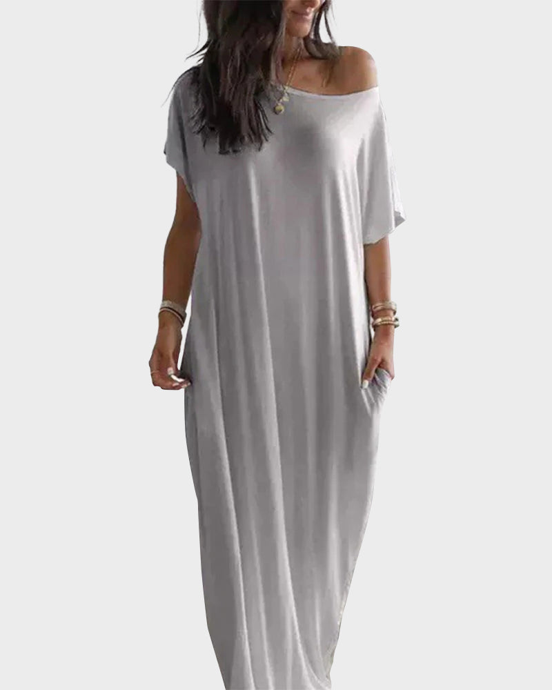 Women's Relaxed Off-Shoulder Batwing Sleeve Maxi Lounge Dress - Soft & Chic