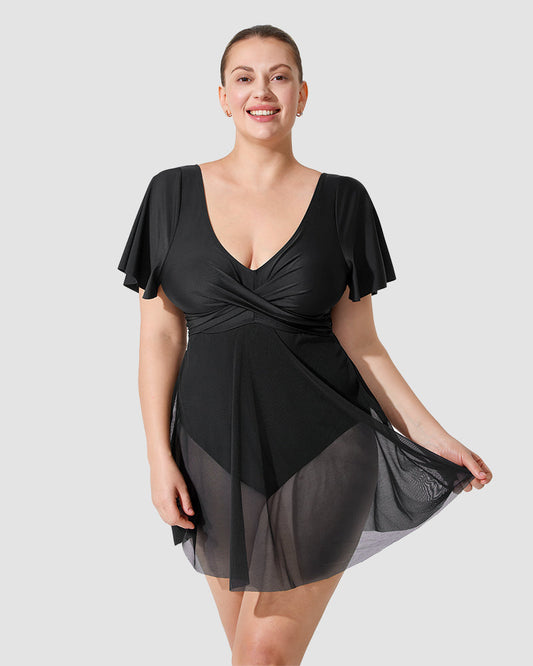 Chic Plus Size Full Coverage Ruffle Swimdress with Built-in Shorts for Women