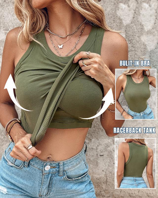 Ribbed Knit Round Neck Tank Top with Built-in Bra Pads