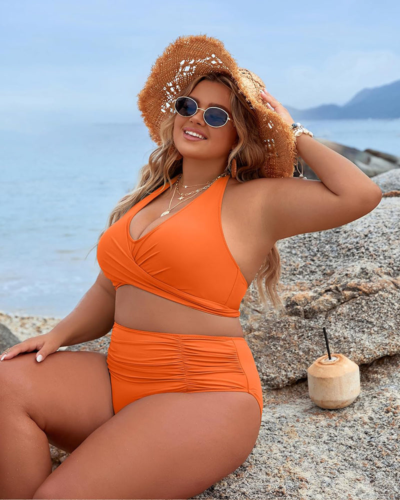 Women's Modest Tummy Control High Waisted Halter Bikini Swimsuit Set
