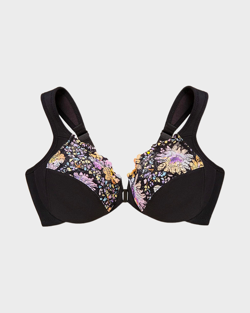 Chic Front-Closure Underwire Lace Print Bra for Effortless Plus Size Comfort