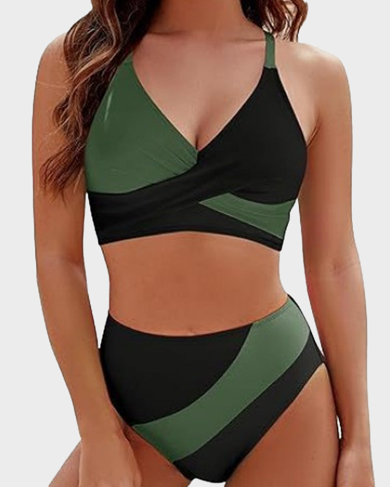 Trendy Color-Block Crisscross Laced Bikini Set with Adjustable Back Ties