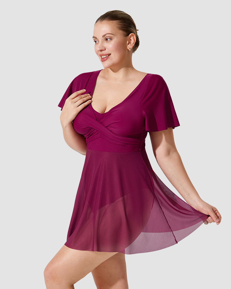 Chic Plus Size Full Coverage Ruffle Swimdress with Built-in Shorts for Women