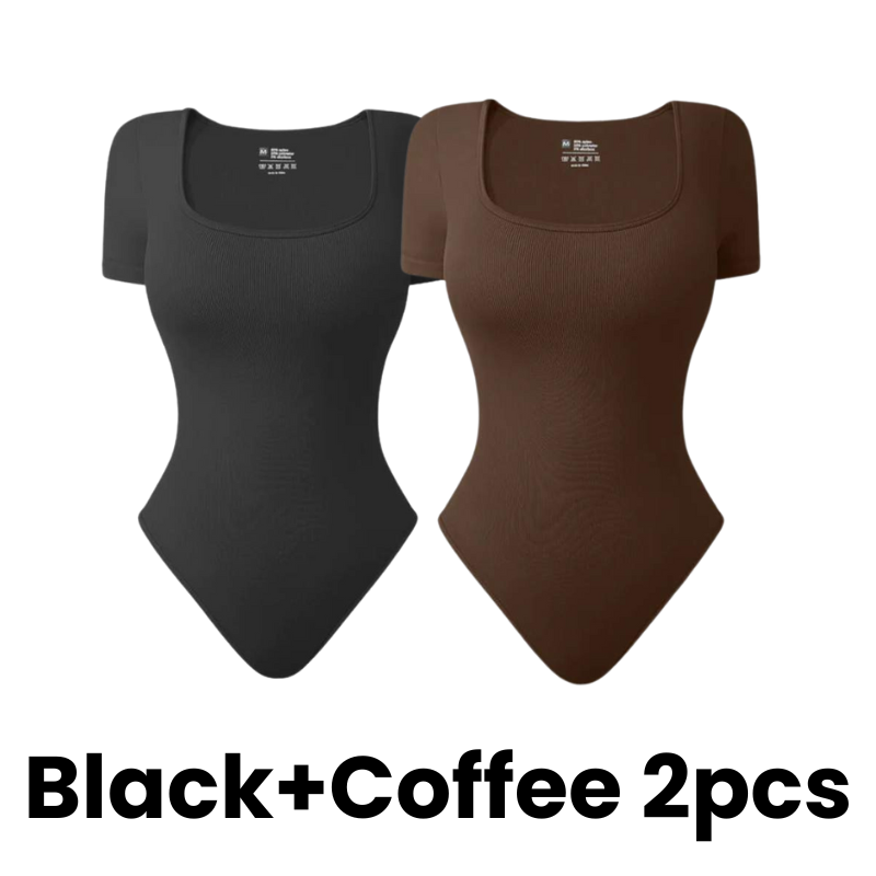 SheCurve® Seamless Square Neck Short Sleeve Snatching Bodysuit: Body-Hugging Shapewear