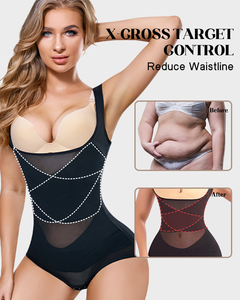 Open Bust Cross Compression Body Shaper for Tummy Control & Posture Support