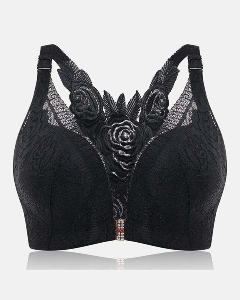 Elegant Rose Embroidered Front Closure Bra for Seamless Comfort and Easy Wear