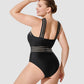 Chic Striped Mesh Insert Cross-Over Halter Neck One-Piece Swimsuit for Women