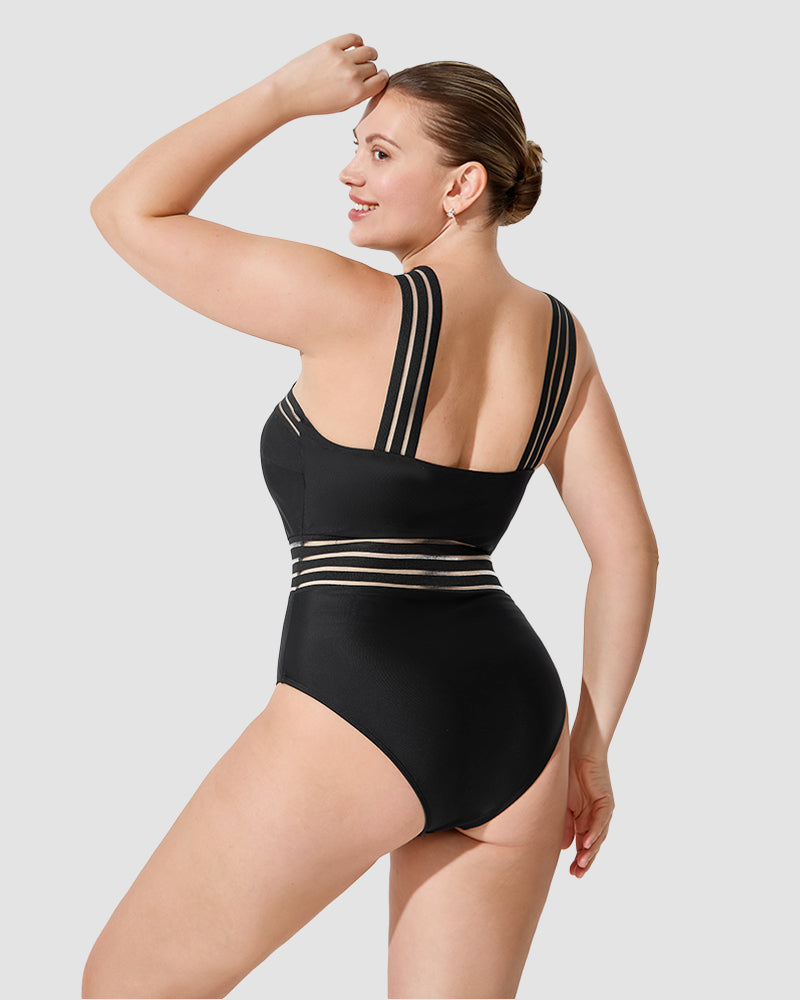 Chic Striped Mesh Insert Cross-Over Halter Neck One-Piece Swimsuit for Women