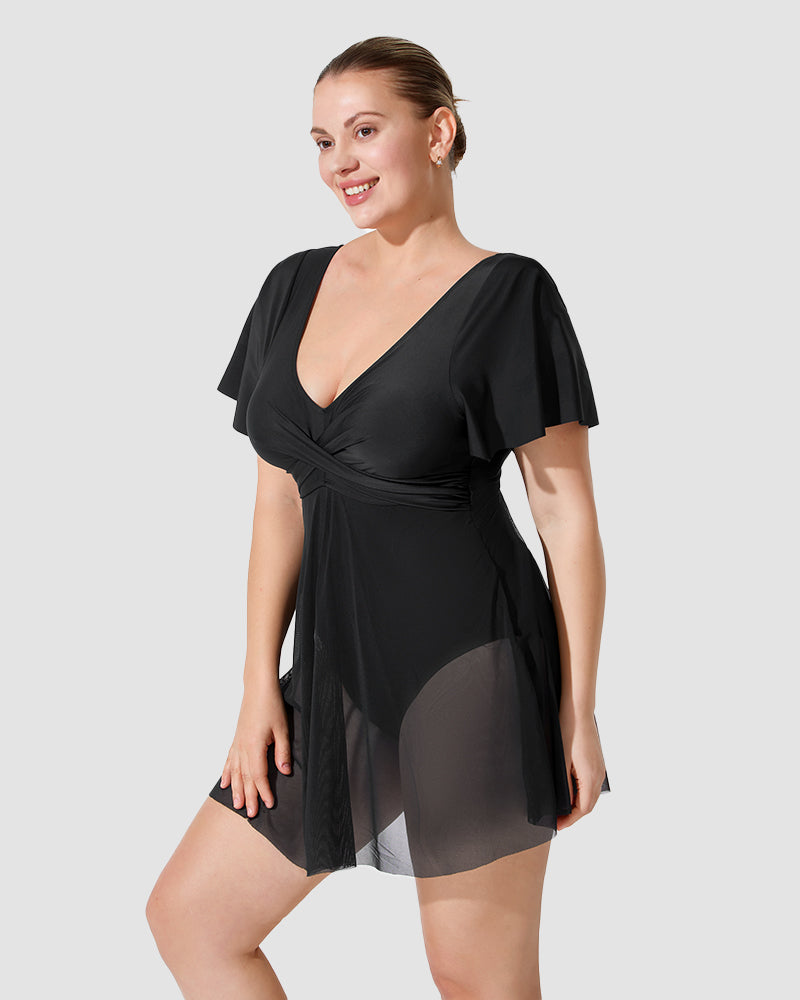 Chic Plus Size Full Coverage Ruffle Swimdress with Built-in Shorts for Women