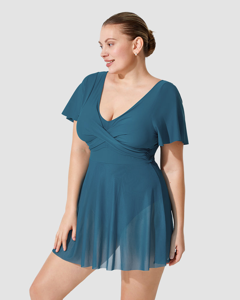 Chic Plus Size Full Coverage Ruffle Swimdress with Built-in Shorts for Women