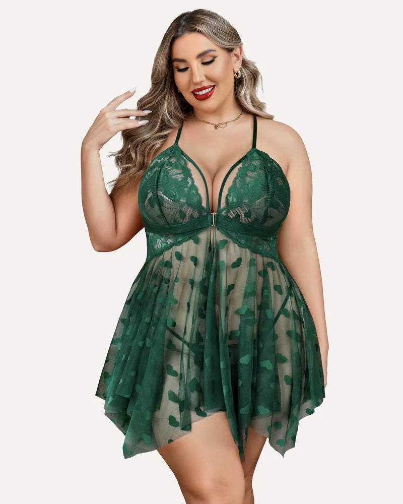 Luxurious Plus Size Lace Babydoll Nightdress with Elegant Front Slit