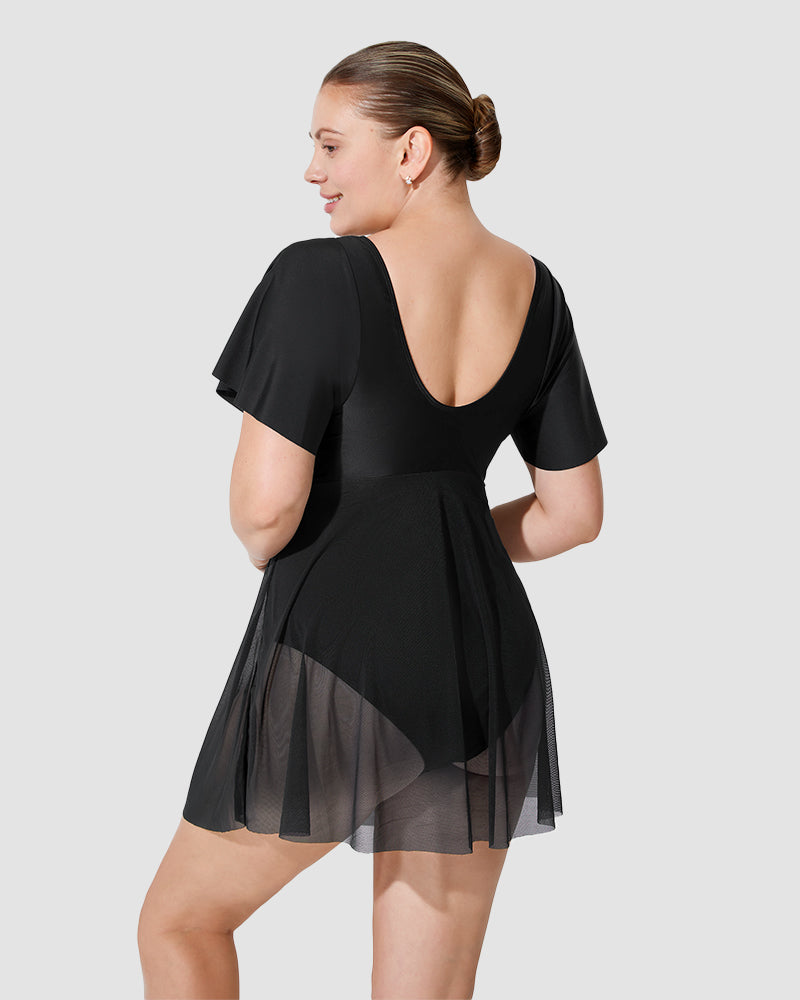 Chic Plus Size Full Coverage Ruffle Swimdress with Built-in Shorts for Women