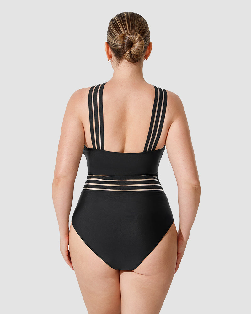 Chic Striped Mesh Insert Cross-Over Halter Neck One-Piece Swimsuit for Women