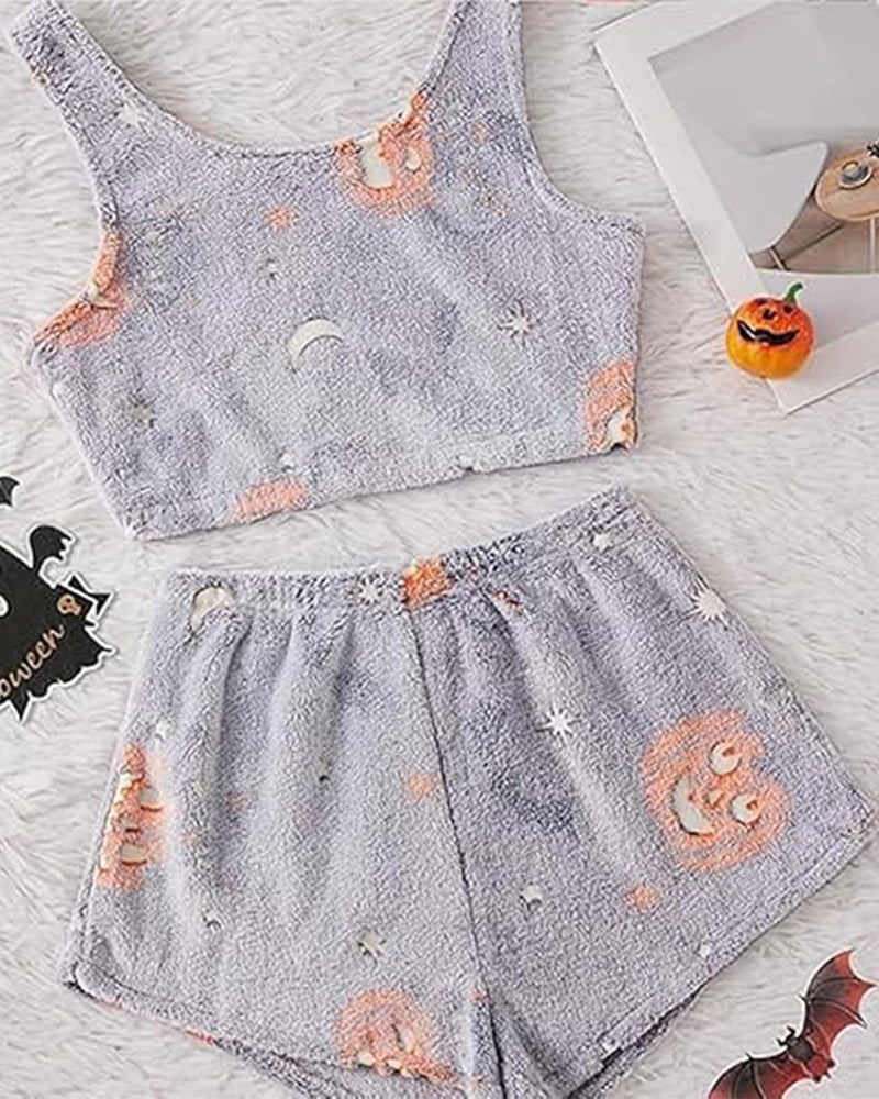 Cozy Glow-in-the-Dark Flannel Pajama Set with Spooky Pumpkin & Ghost