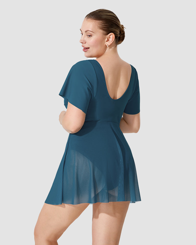 Chic Plus Size Full Coverage Ruffle Swimdress with Built-in Shorts for Women
