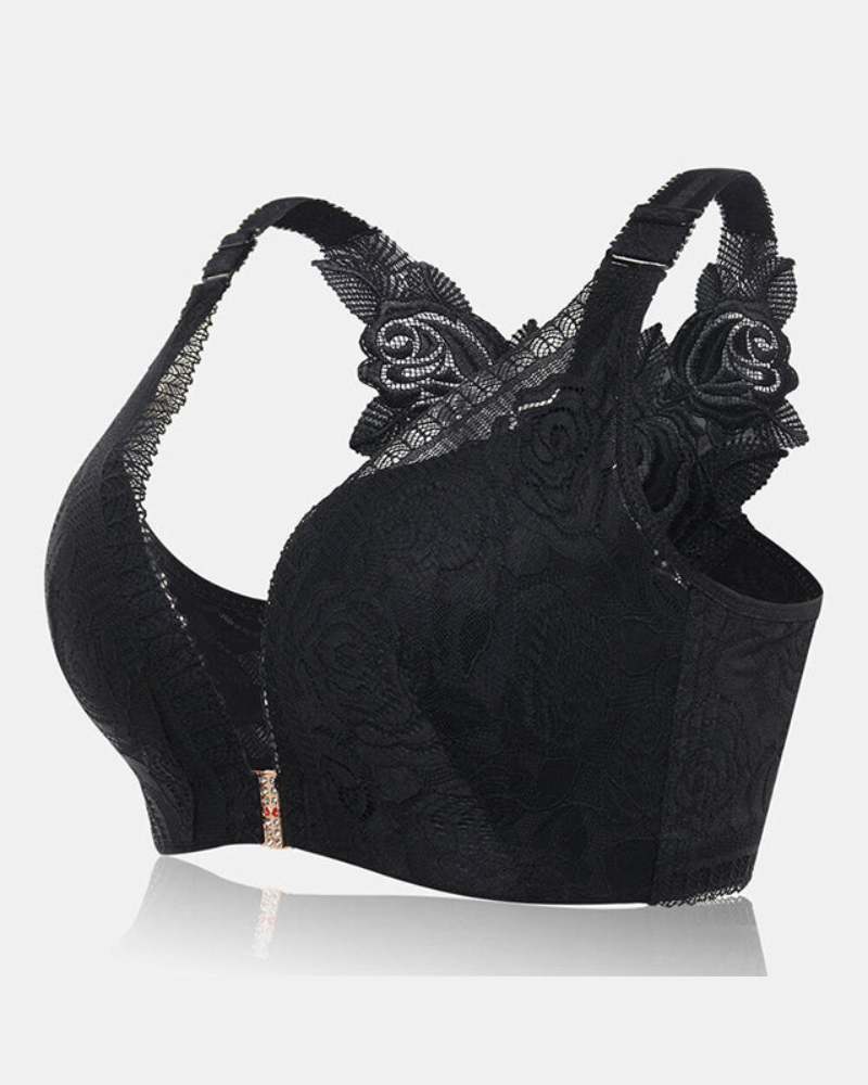 Elegant Rose Embroidered Front Closure Bra for Seamless Comfort and Easy Wear