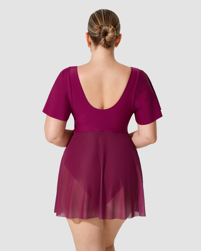 Chic Plus Size Full Coverage Ruffle Swimdress with Built-in Shorts for Women