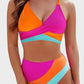 Trendy Color-Block Crisscross Laced Bikini Set with Adjustable Back Ties