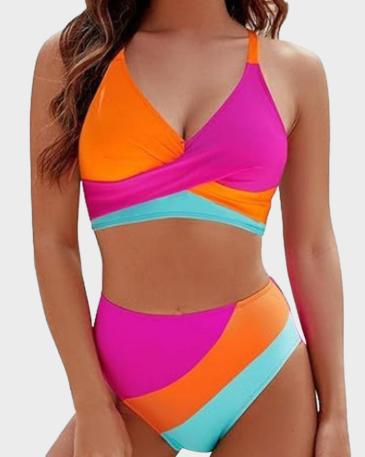 Trendy Color-Block Crisscross Laced Bikini Set with Adjustable Back Ties