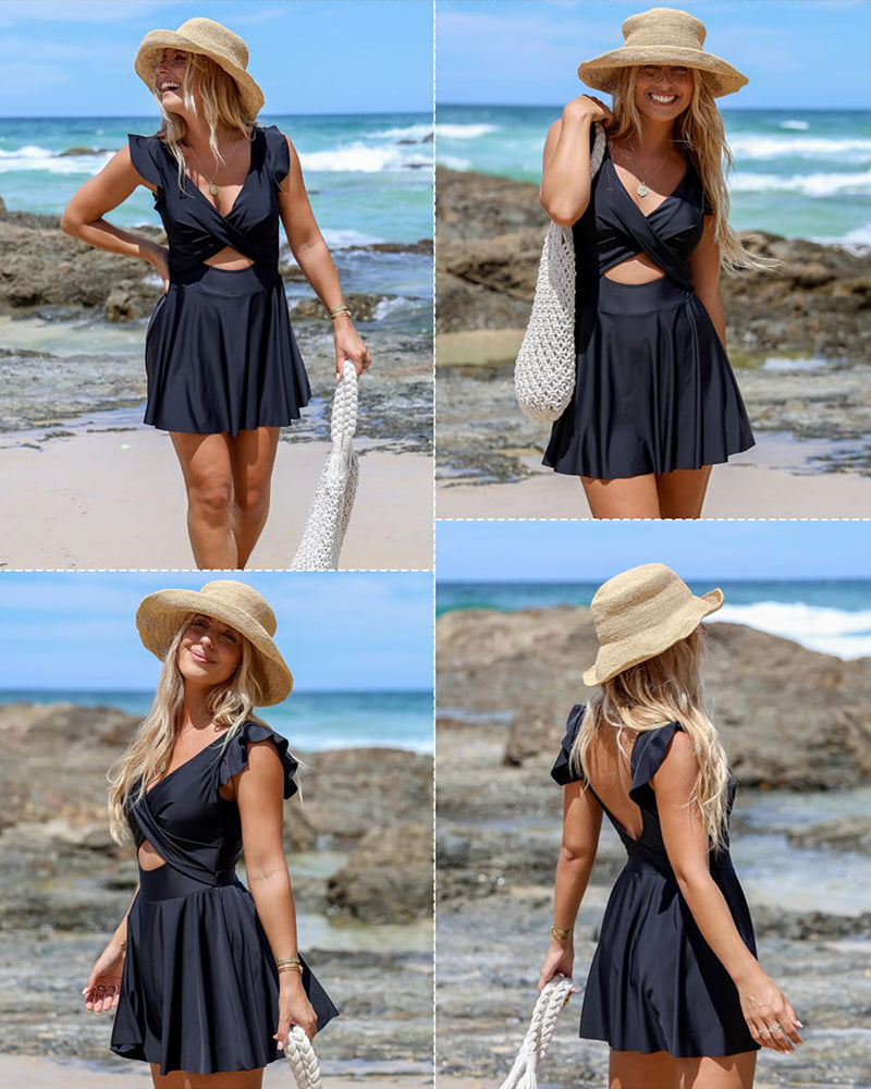 Elegant Ruffle Sleeve Cross Front Swimsuit Dress - Versatile Beach Pool Wear