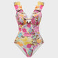 Chic Deep V Ruffled Floral Lace-Up One-Piece Swimsuit for Women