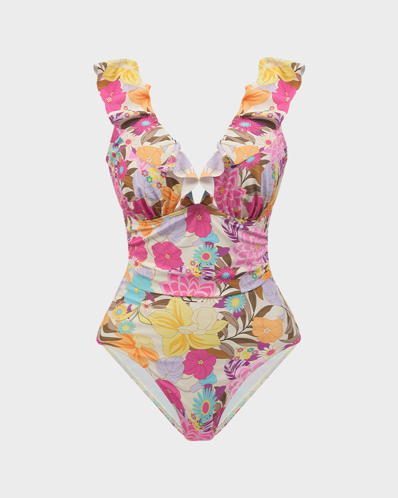 Chic Deep V Ruffled Floral Lace-Up One-Piece Swimsuit for Women