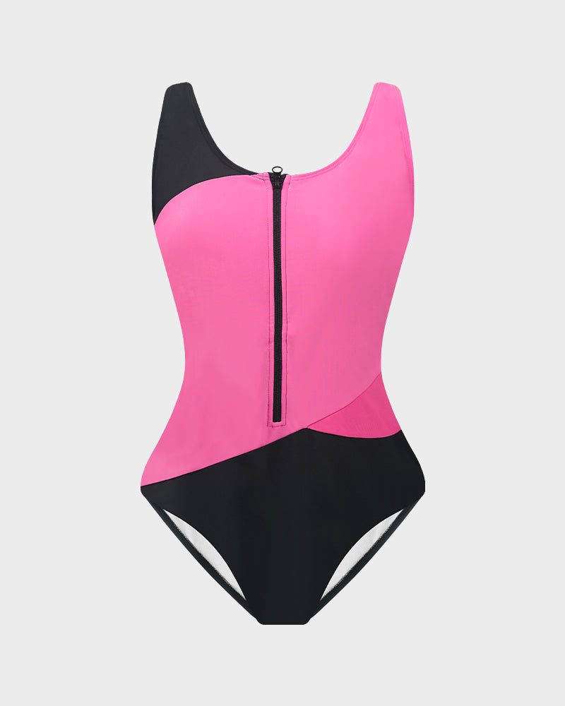 Stylish Color-Blocked Front Zip Tank Swimsuit for Active Women