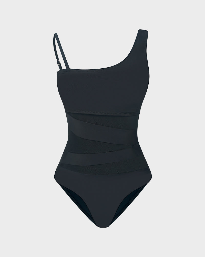 Chic One Shoulder Mesh Insert High Cut One-Piece Swimsuit for Women