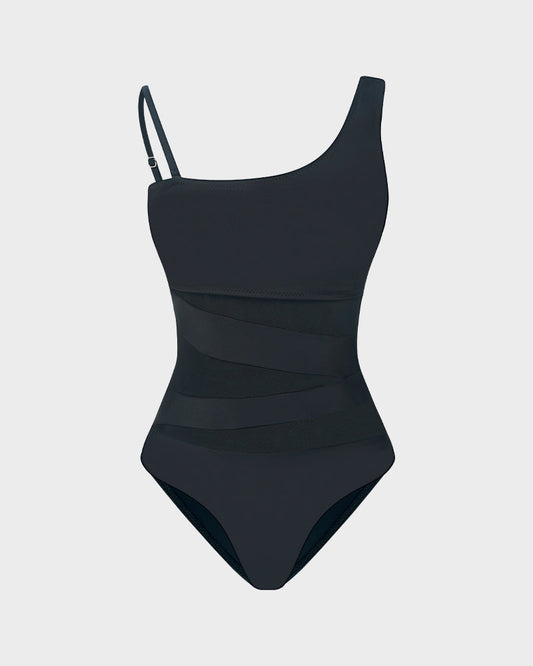 Chic One Shoulder Mesh Insert High Cut One-Piece Swimsuit for Women