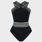 Chic Striped Mesh Insert Cross-Over Halter Neck One-Piece Swimsuit for Women