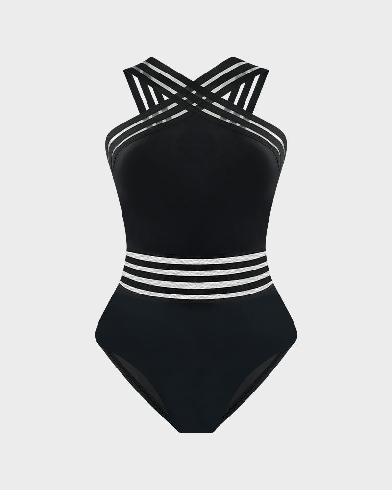Chic Striped Mesh Insert Cross-Over Halter Neck One-Piece Swimsuit for Women