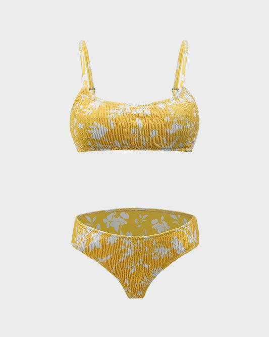 Chic Ruched Floral Print Bikini Set: Adjustable Straps, Textured Swimwear for Women