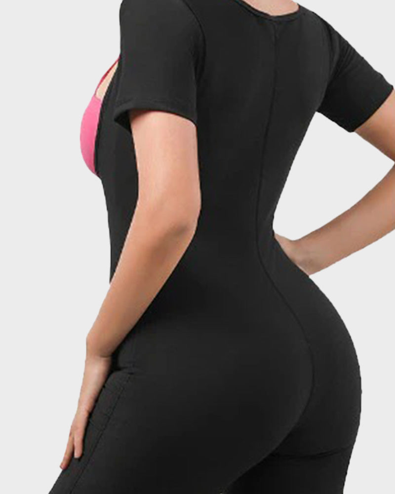 Women's Zip-Up Sweat-Inducing Fitness Bodysuit for Enhanced Bust & Waist Shaping
