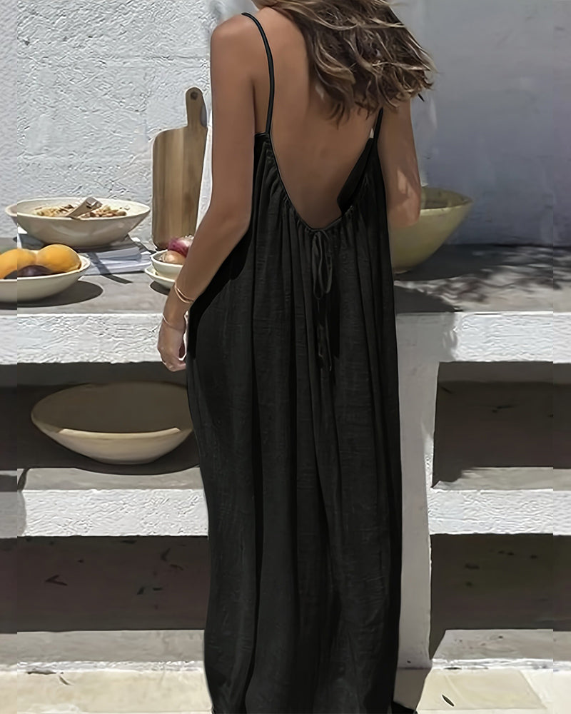 Chic Backless Cami Dress for Women - Solid Color, Flowy Maxi Style