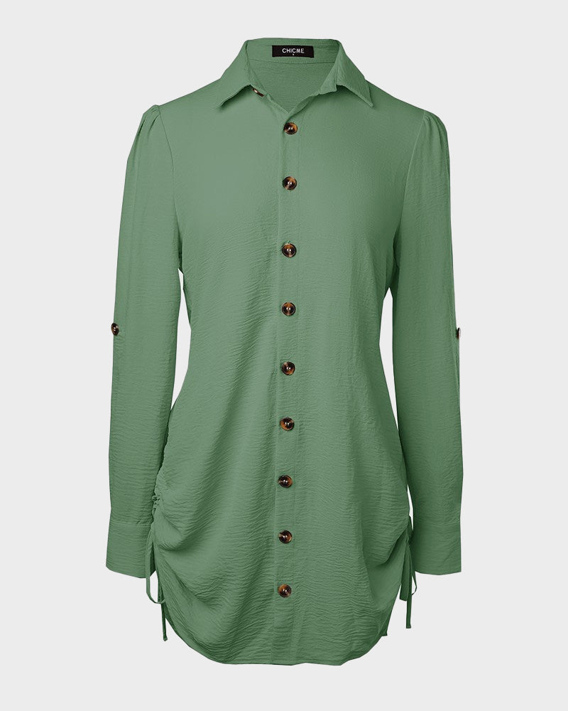 Chic SheCurve Long Sleeve Button-Down Drawstring Shirt Dress – Adjustable Hem, Comfortable