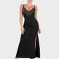 Elegant Deep-V Lace Maxi Dress with High Slit & Built-In Shapewear