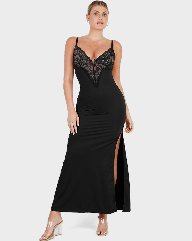 Elegant Deep-V Lace Maxi Dress with High Slit & Built-In Shapewear