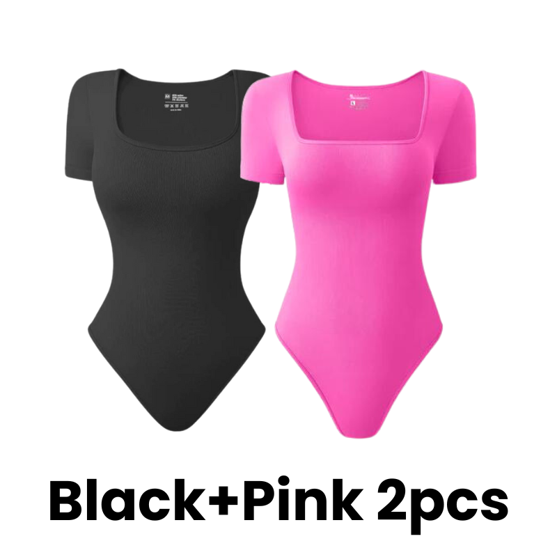SheCurve® Seamless Square Neck Short Sleeve Snatching Bodysuit: Body-Hugging Shapewear