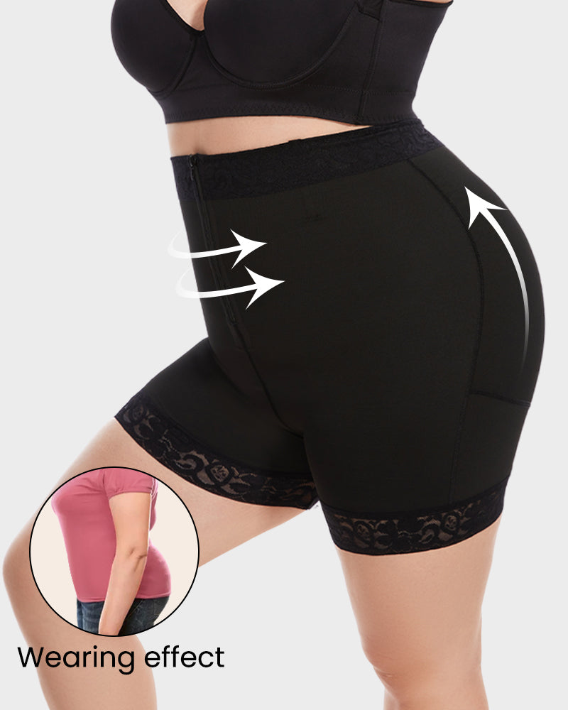 Boned High Waist Tummy Control Shaping Shorts with Zipper & Hooks