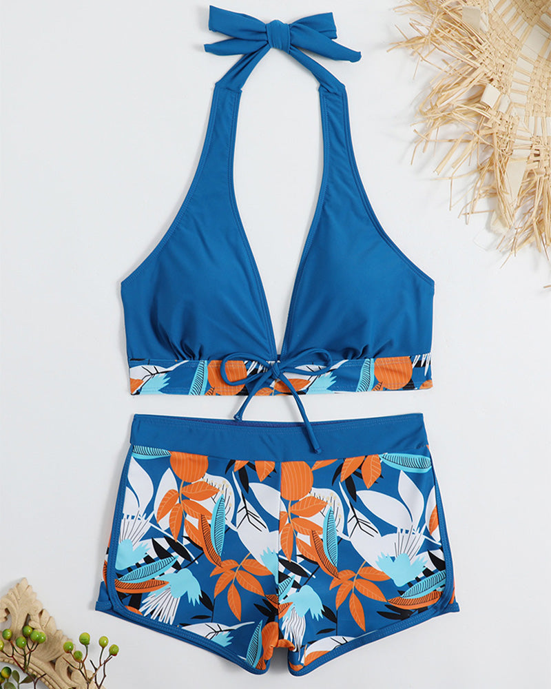 Women's High Waist Patchwork Two-Piece Swimsuit Sporty Lace-Up Beach Active Wear