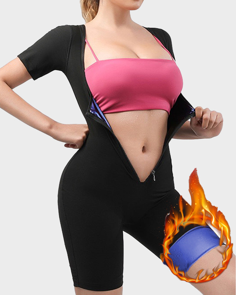 Women's Zip-Up Sweat-Inducing Fitness Bodysuit for Enhanced Bust & Waist Shaping