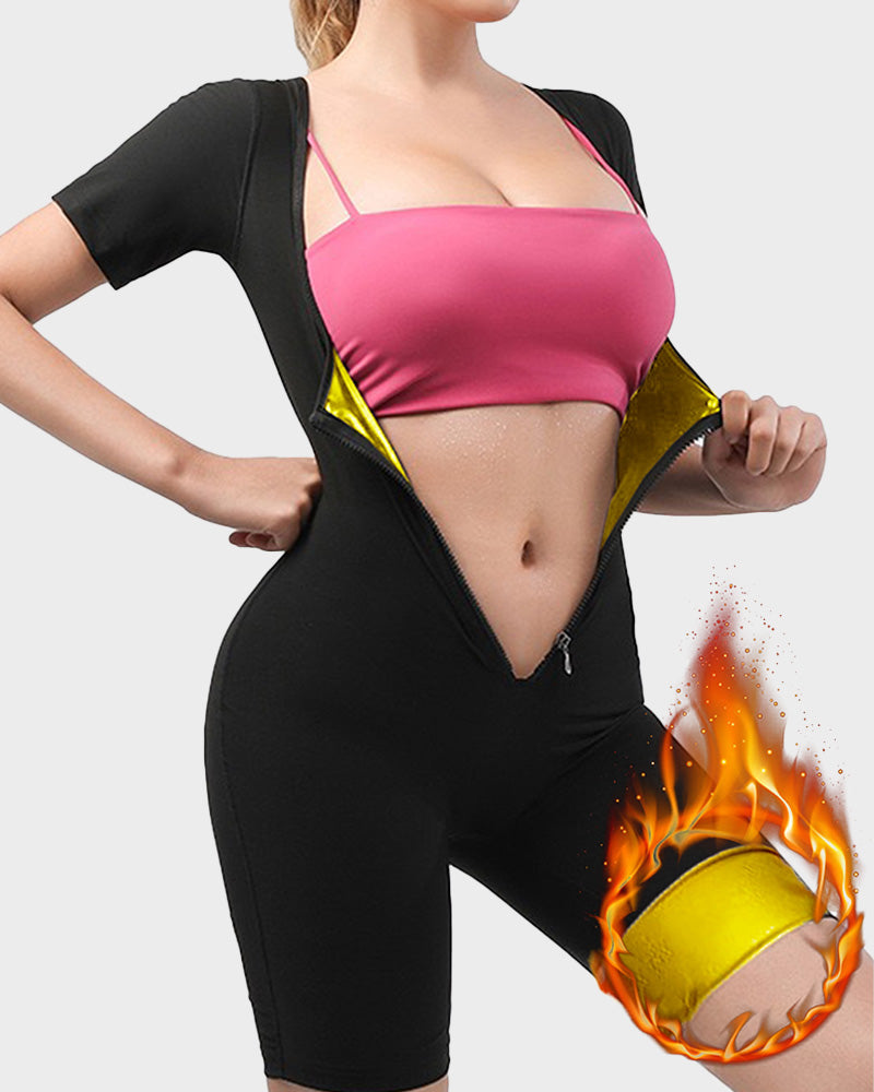 Women's Zip-Up Sweat-Inducing Fitness Bodysuit for Enhanced Bust & Waist Shaping