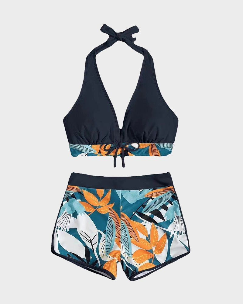 Women's High Waist Patchwork Two-Piece Swimsuit Sporty Lace-Up Beach Active Wear