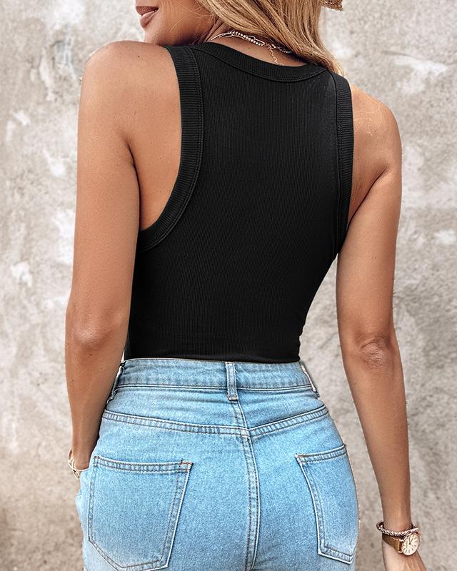 Ribbed Knit Round Neck Tank Top with Built-in Bra Pads