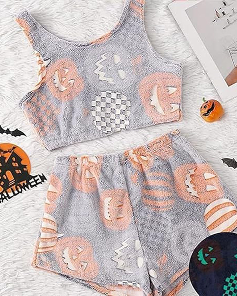 Cozy Glow-in-the-Dark Flannel Pajama Set with Spooky Pumpkin & Ghost