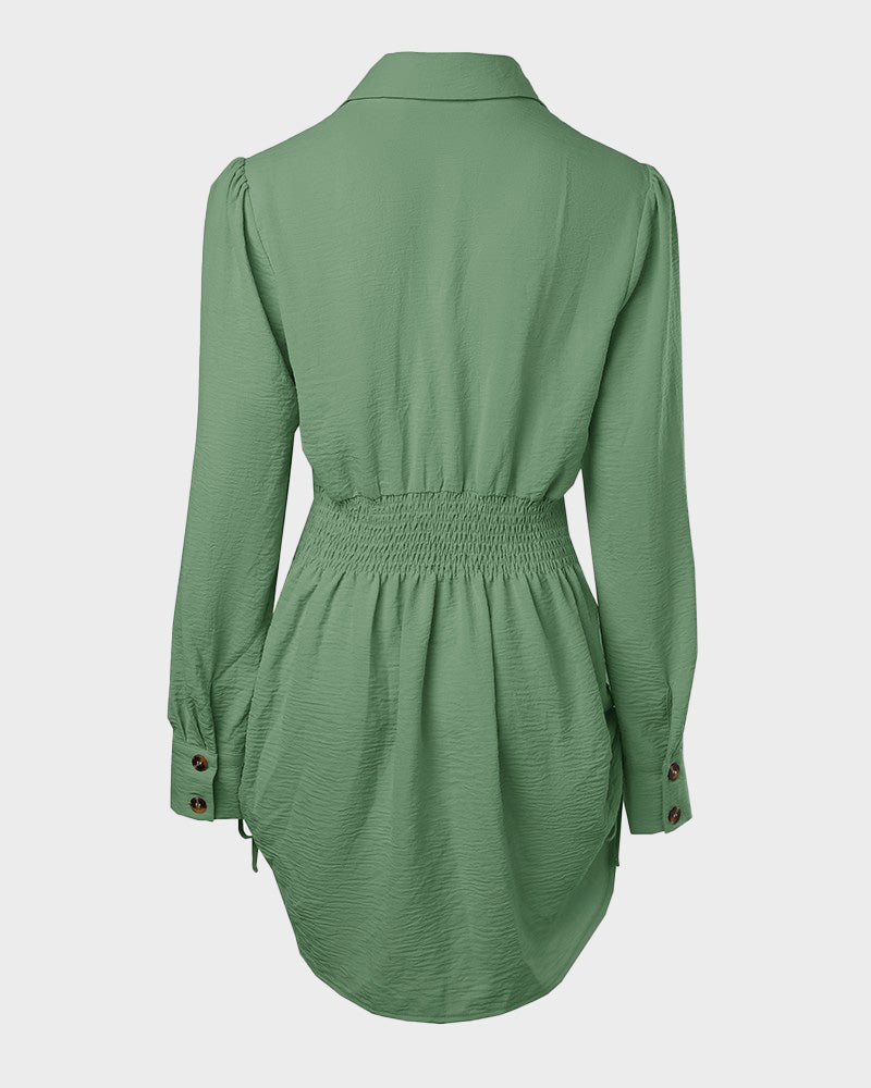 Chic SheCurve Long Sleeve Button-Down Drawstring Shirt Dress – Adjustable Hem, Comfortable