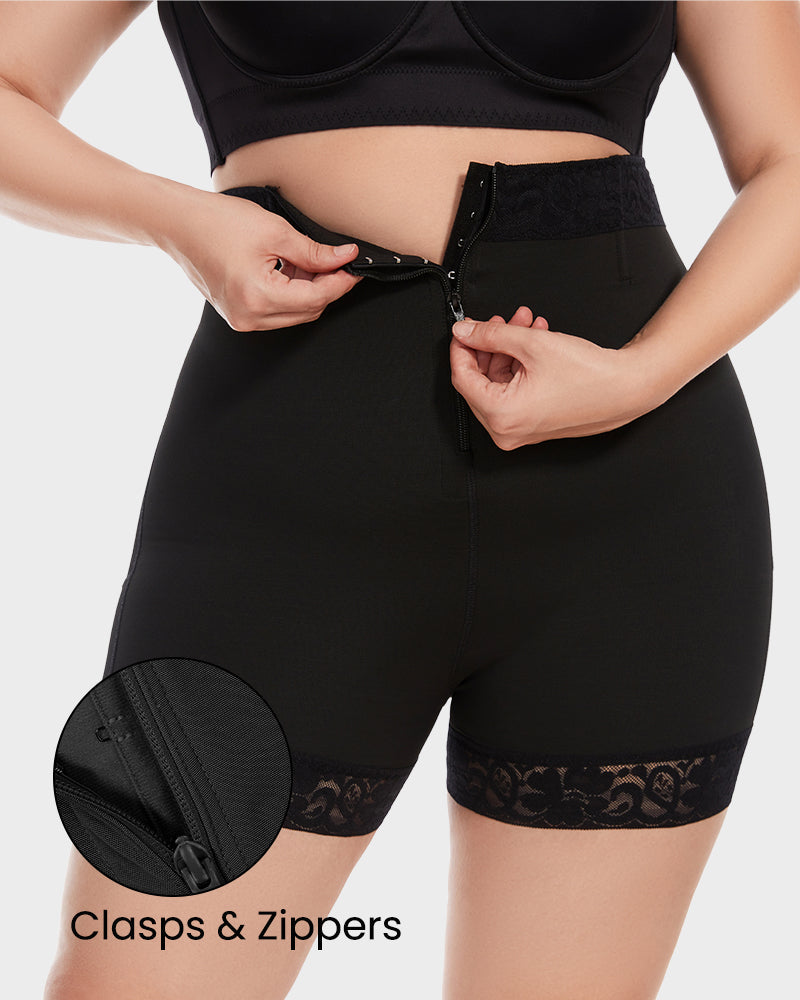 Boned High Waist Tummy Control Shaping Shorts with Zipper & Hooks